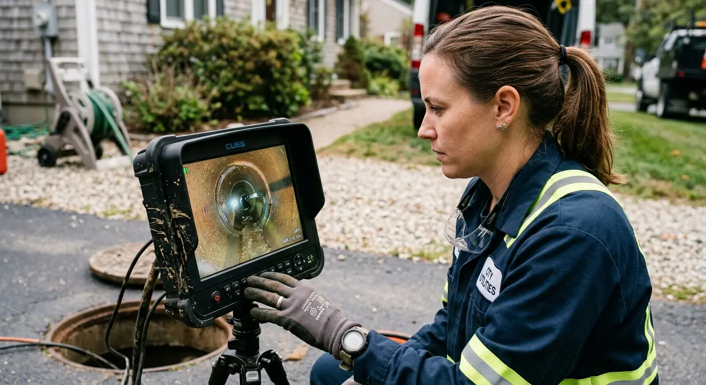 Technician reviewing sewer camera inspection footage in Cambria