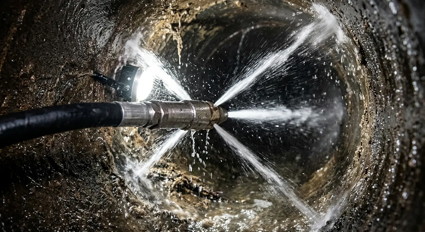 High-pressure hydro jetting nozzle cleaning sewer pipe for Sewer Cleanout in Cambria