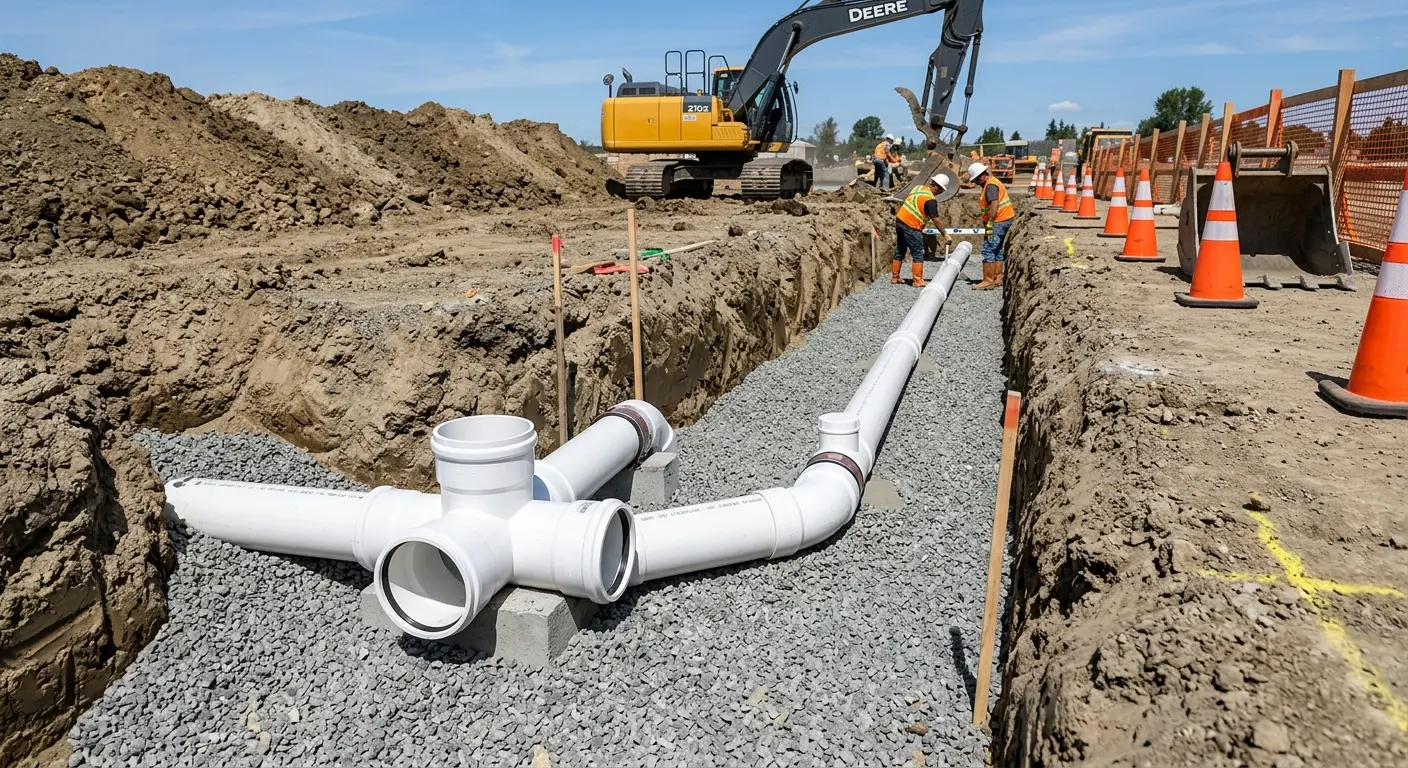 New PVC sewer pipe installation in open trench for Grease Trap Cleaning in Cambria