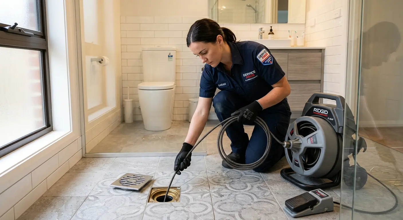 Technician clearing a bathroom floor drain for Hydro Jetting in Cambria
